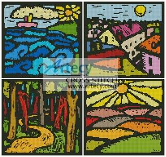 cross stitch pattern Colourful Landscape Sampler