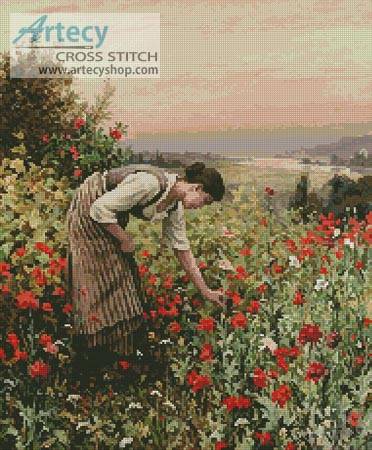 cross stitch pattern Girl Picking Poppies
