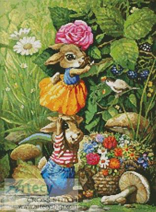 cross stitch pattern Rabbits picking Flowers