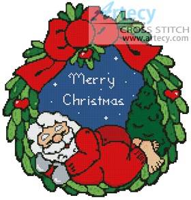 cross stitch pattern Sleeping Santa Wreath