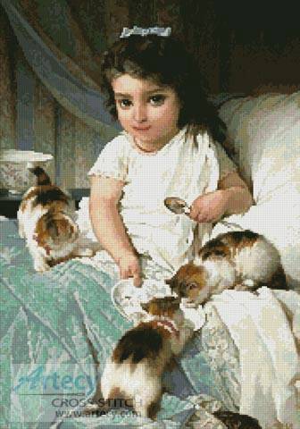 cross stitch pattern Kittens and Girl