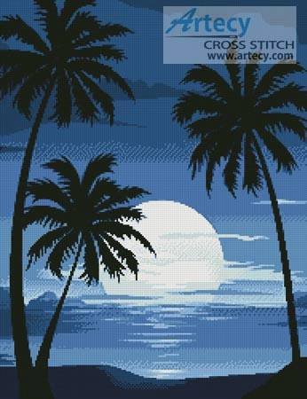 cross stitch pattern Moonlight with Palm Trees