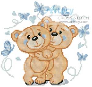cross stitch pattern Mini Teddies in Love (Blue)