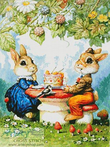 cross stitch pattern Rabbits and Birthday Cake