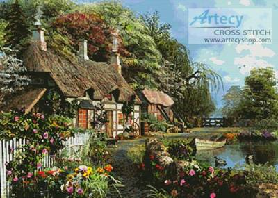 cross stitch pattern Riverside Home in Bloom
