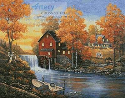 cross stitch pattern Autumn Sunset at the Old Mill