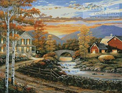 cross stitch pattern Brookside Farm at Sunset
