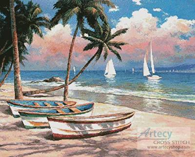 cross stitch pattern Three Boats on a Tropical Beach