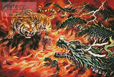 cross stitch pattern Dragon and Tiger in the Fire