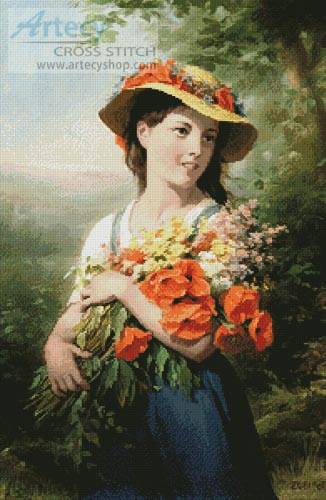 cross stitch pattern Girl with Bouquet of Wild Flowers