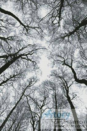 cross stitch pattern Looking up at Winter Trees