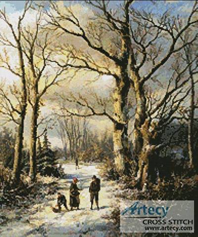 cross stitch pattern Wood Gatherers in a Winter Forest