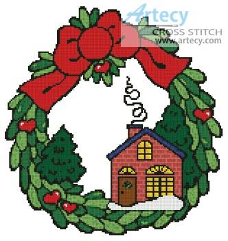 cross stitch pattern Xmas House Wreath