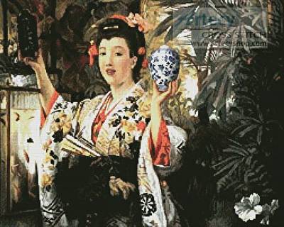 cross stitch pattern Young Lady Holding Japanese Objects