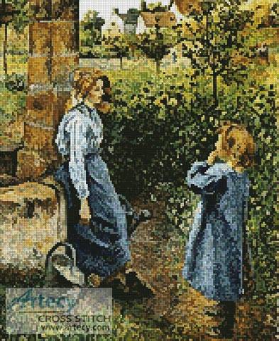 cross stitch pattern Young Woman and Child at the Well