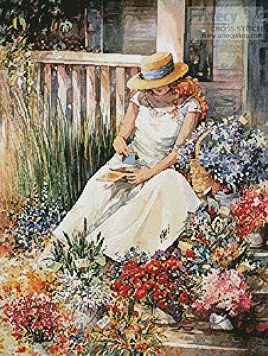 cross stitch pattern Girl with Flowers