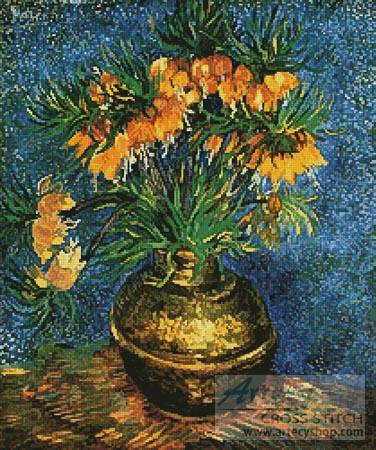 cross stitch pattern Fritillaries in a Copper Vase