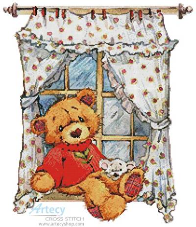 cross stitch pattern Teddy at Window