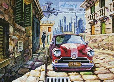 cross stitch pattern Old Red Car in a Sunny Street