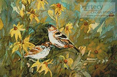 cross stitch pattern Sparrows in a Field