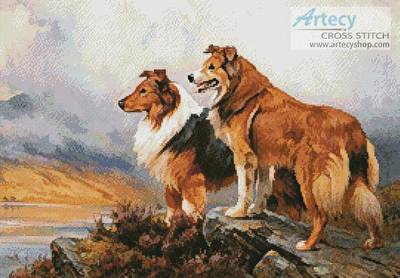 cross stitch pattern Two Collies Above a Lake