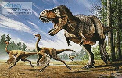 cross stitch pattern T-Rex attacking Struthiomimus Dinosaurs
