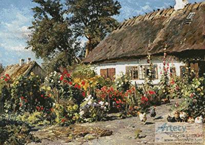 cross stitch pattern A Cottage Garden with Chickens