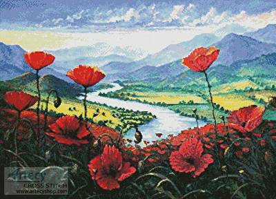 cross stitch pattern Red Poppies in the River Valley
