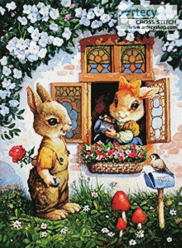 cross stitch pattern Rabbits Watering the Flowers