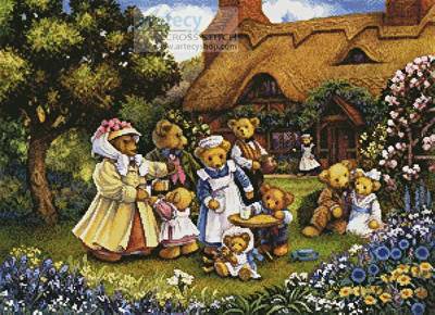cross stitch pattern Teddies in the Garden