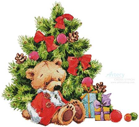 cross stitch pattern Teddy under Christmas Tree