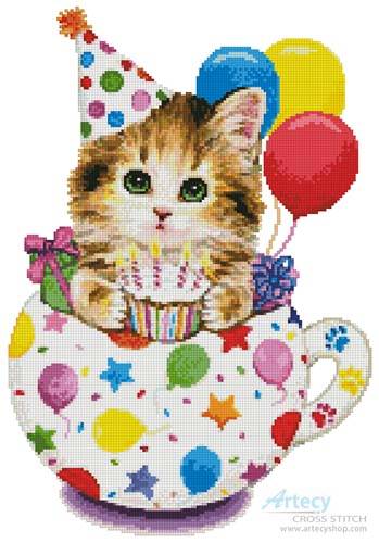 cross stitch pattern Birthday Kitty Cup