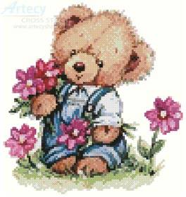 cross stitch pattern Boy Teddy with Flowers