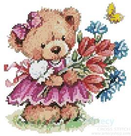 cross stitch pattern Girl Teddy with Flowers