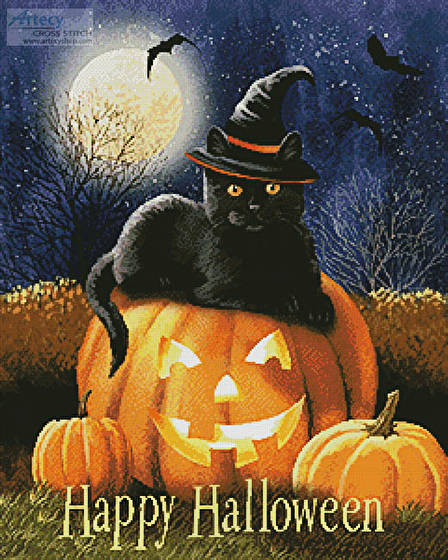 cross stitch pattern Happy Halloween Kitty