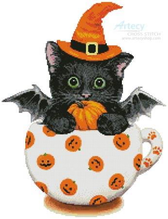 cross stitch pattern Halloween Kitty Cup