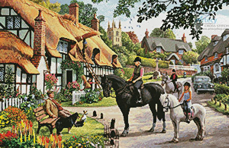 cross stitch pattern Horse Riders in the Village