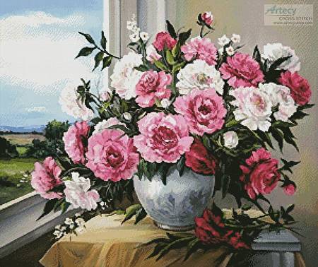 cross stitch pattern Peonies in the Window