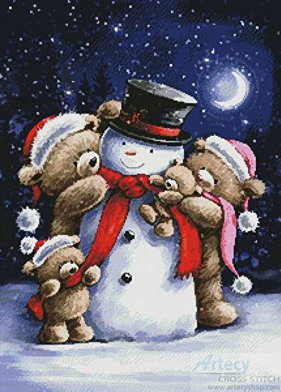 cross stitch pattern Snowman and Teddies