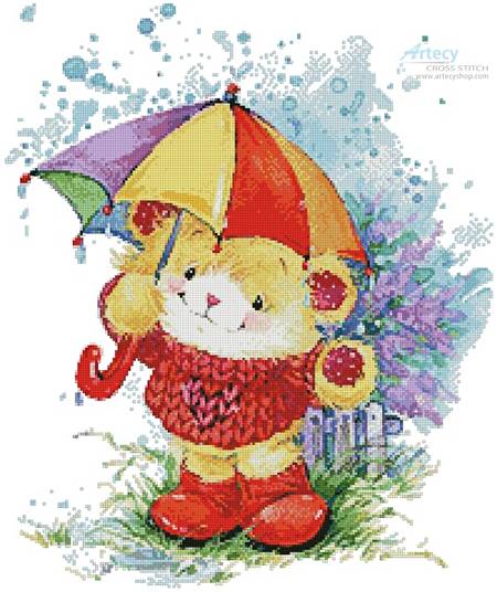 cross stitch pattern Teddy in the Rain