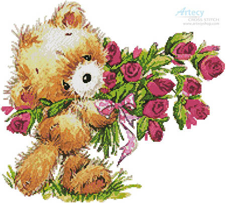 cross stitch pattern Teddy with Flowers