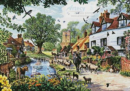 cross stitch pattern A Village in Spring