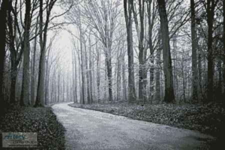cross stitch pattern Black and White Road through Trees