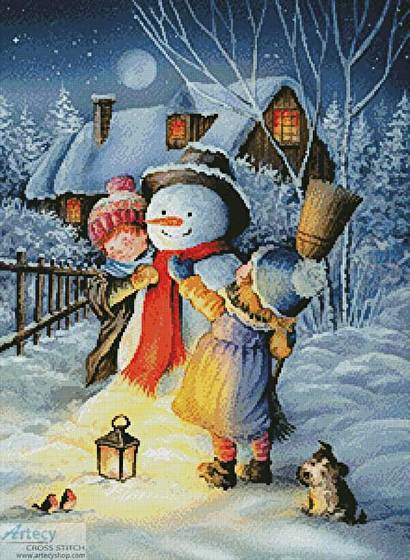 cross stitch pattern Dressing the Snowman