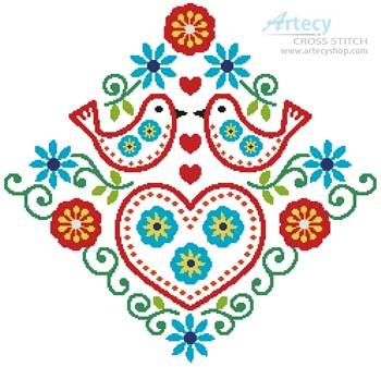 cross stitch pattern Folk Art Love Birds