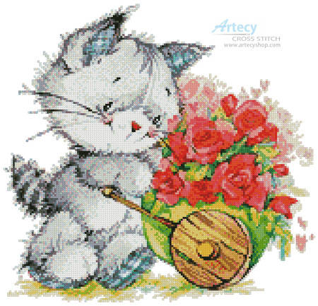 cross stitch pattern Kitty with Cart