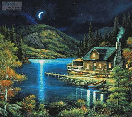 cross stitch pattern Moonlit Cabin (Cushion)