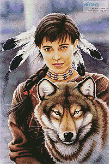 cross stitch pattern Native American Maiden and Wolf