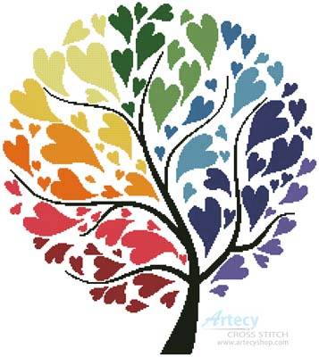 cross stitch pattern Rainbow Tree of Hearts