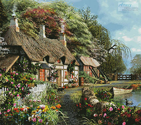 cross stitch pattern Riverside Home in Bloom (Cushion)